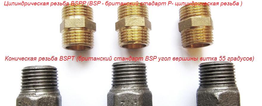 Цилиндрическая резьба (BSPP где BSP стандарт P - цилиндрическая р) и коническая резьба (BSPT где BSP стандарт T - коническая р)