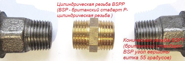 Цилиндрическая резьба (BSPP где BSP стандарт P - цилиндрическая р) и коническая резьба (BSPT где BSP стандарт T - коническая р)